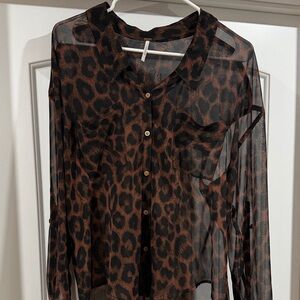 FP Movement by Free People Sheer Black and Brown Leopard Blouse